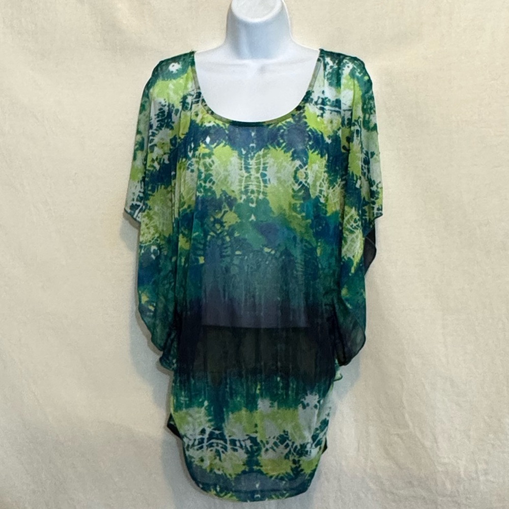 I-20 PerSeption Green Blue & White Cold Shoulder‎ Flutter Sleeve Blouse Size 1X